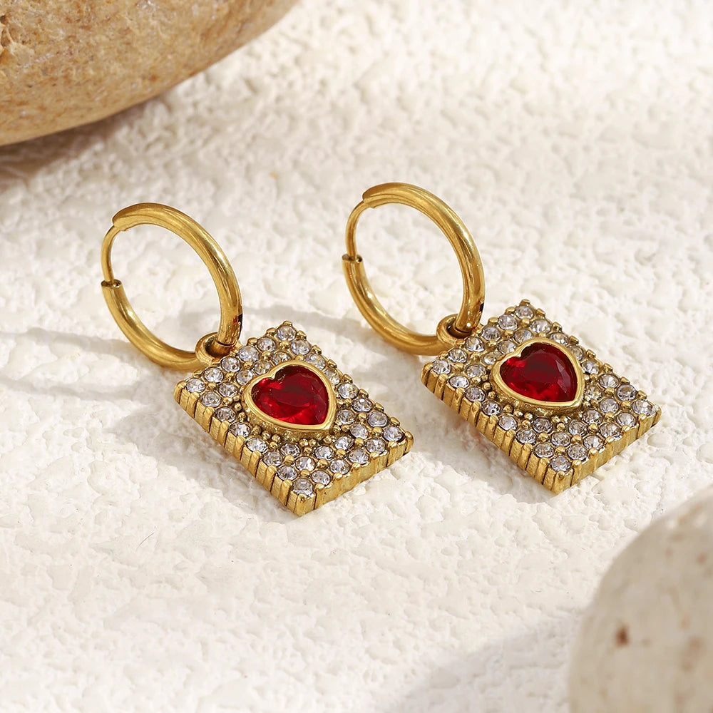 The Valentina Red Heart Zircon Square Earrings by Vexa - Earring - Vexa