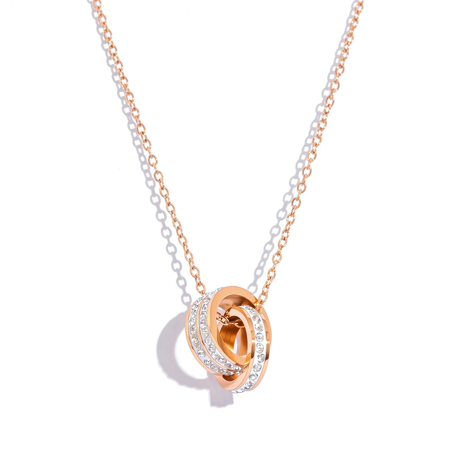 The Radiant Interlocking Double Ring Necklace by Vexa - necklace - Vexa - Rose gold
