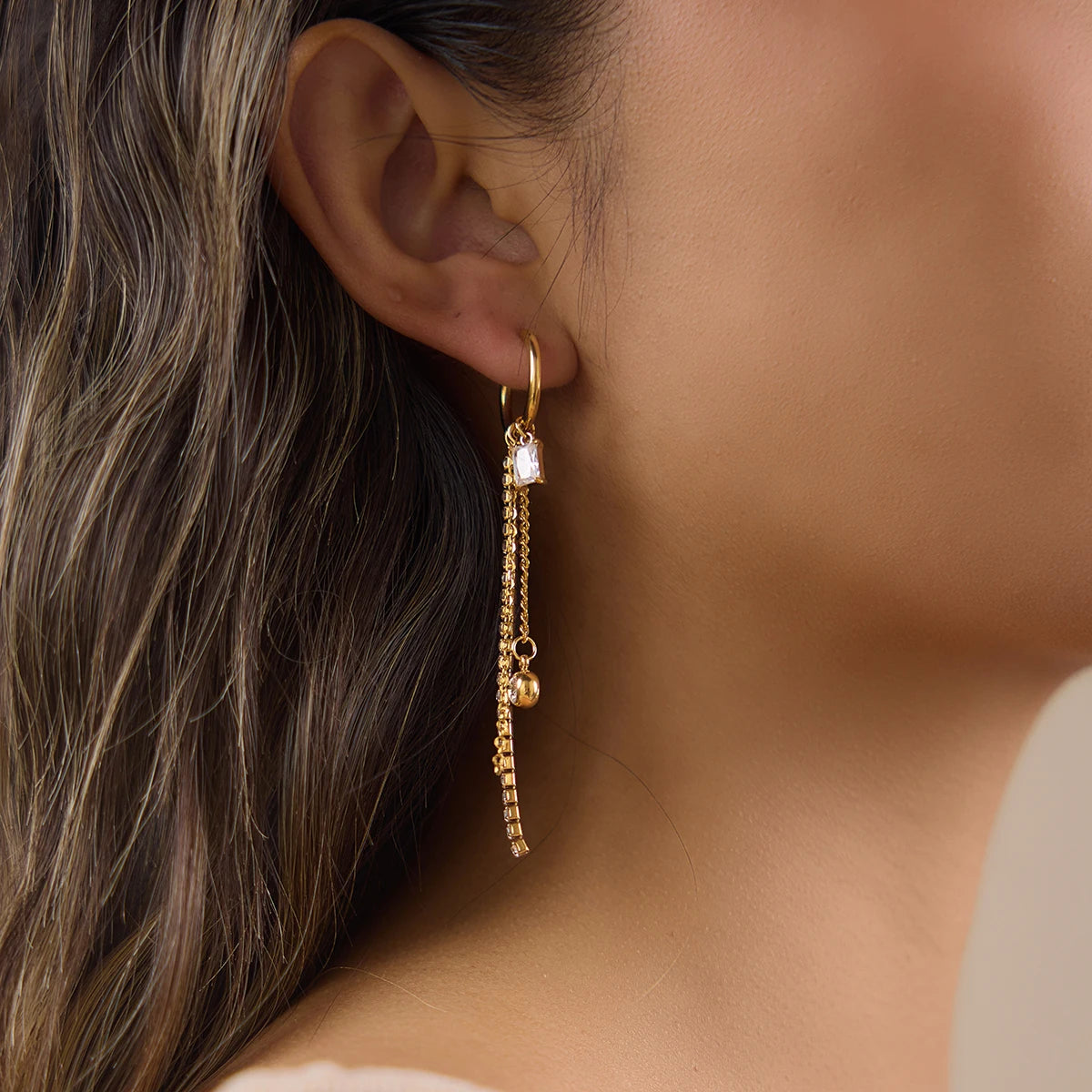 The Callista Geometric Zircon Chain Tassel Earrings by Vexa - Earring - Vexa
