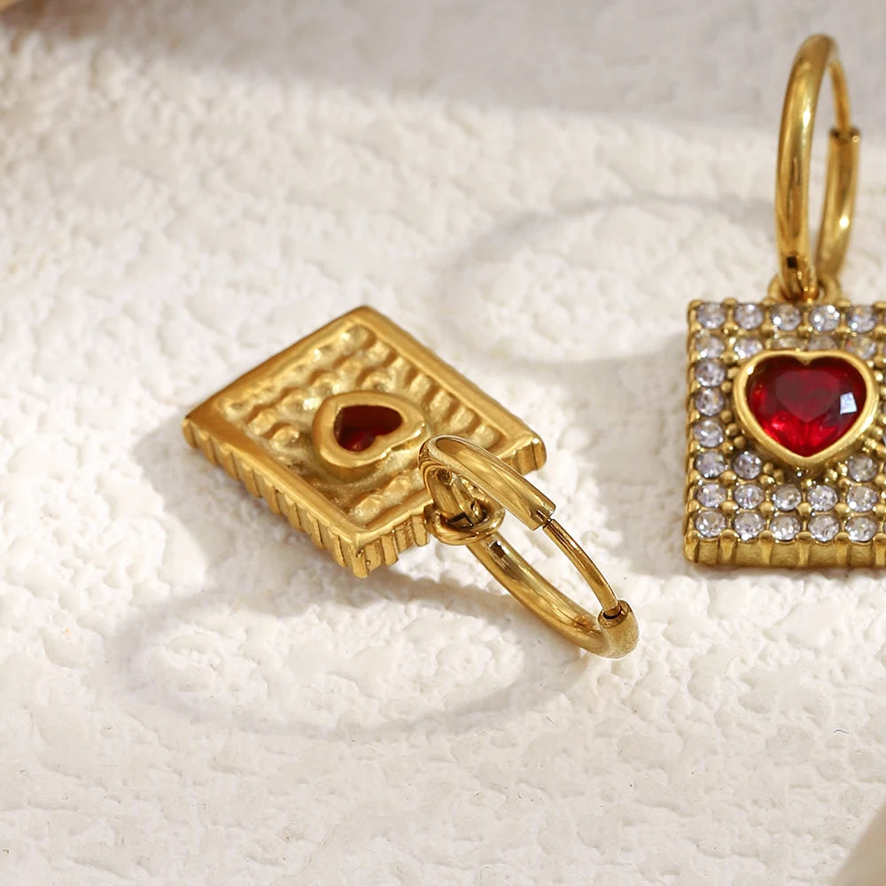 The Valentina Red Heart Zircon Square Earrings by Vexa - Earring - Vexa