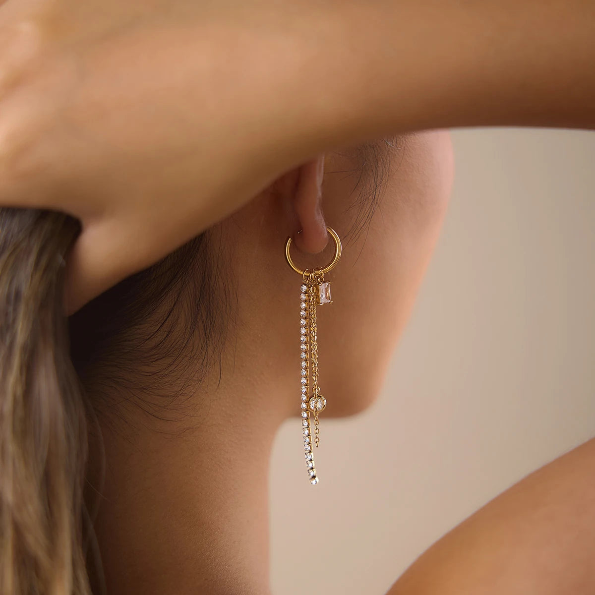 The Callista Geometric Zircon Chain Tassel Earrings by Vexa - Earring - Vexa