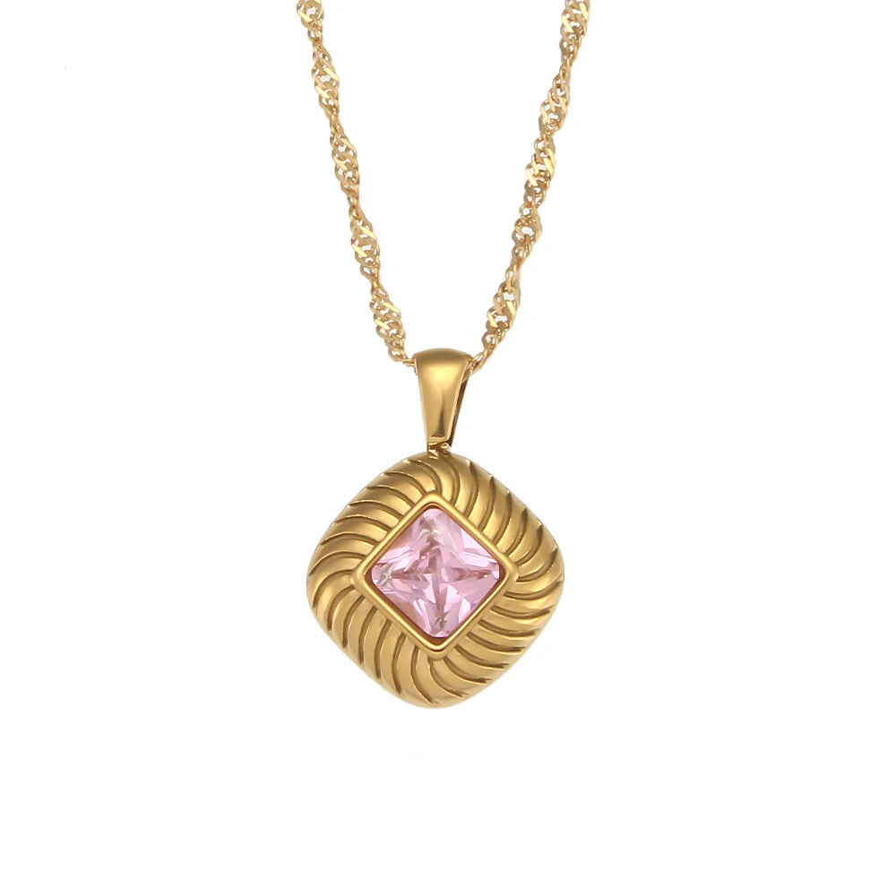 The Sovereign Square Texture Zircon Necklace by Vexa - necklace - Vexa - Pink