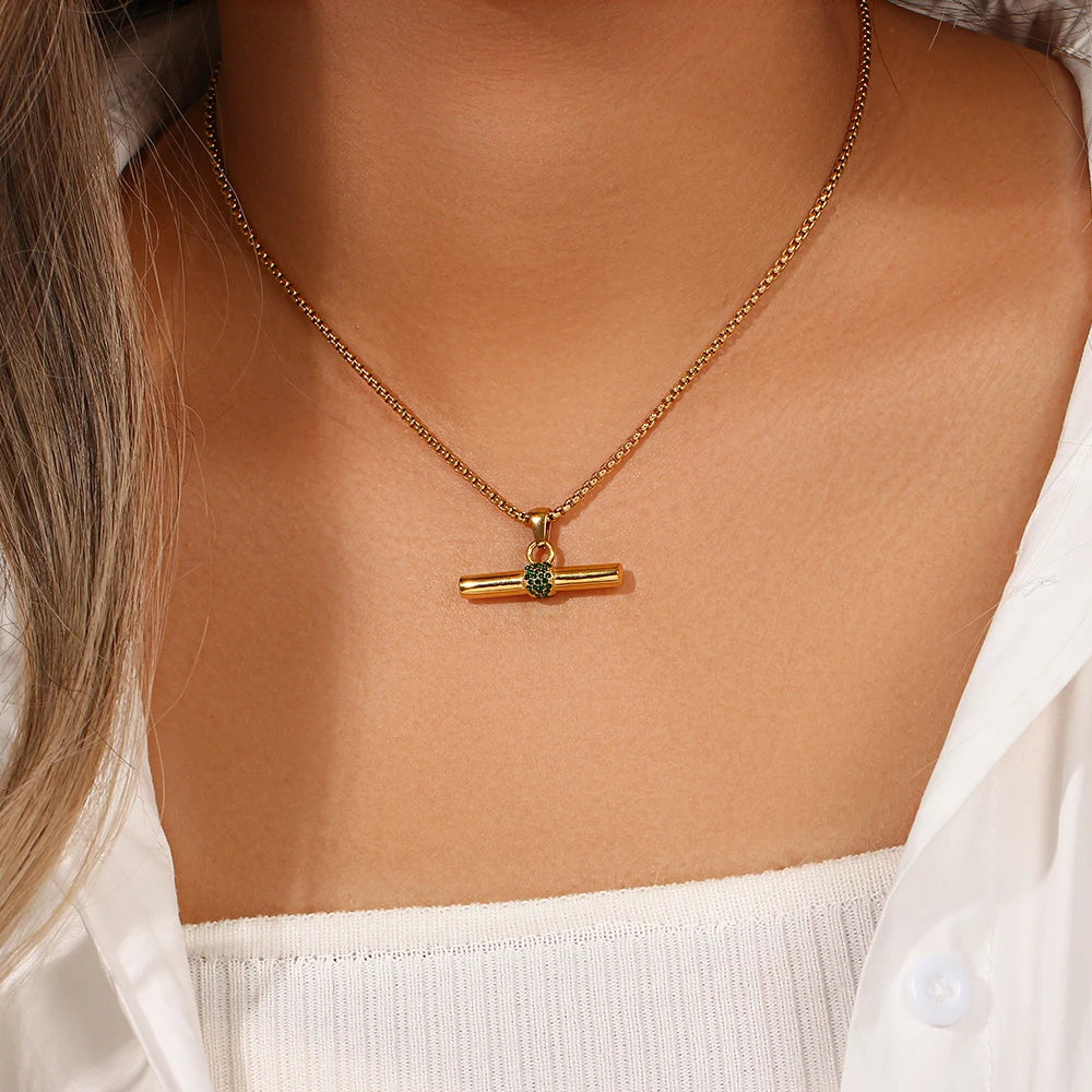 The Aurelia T - Bar Crystal Pendant Necklace by Vexa - necklace - Vexa - Green