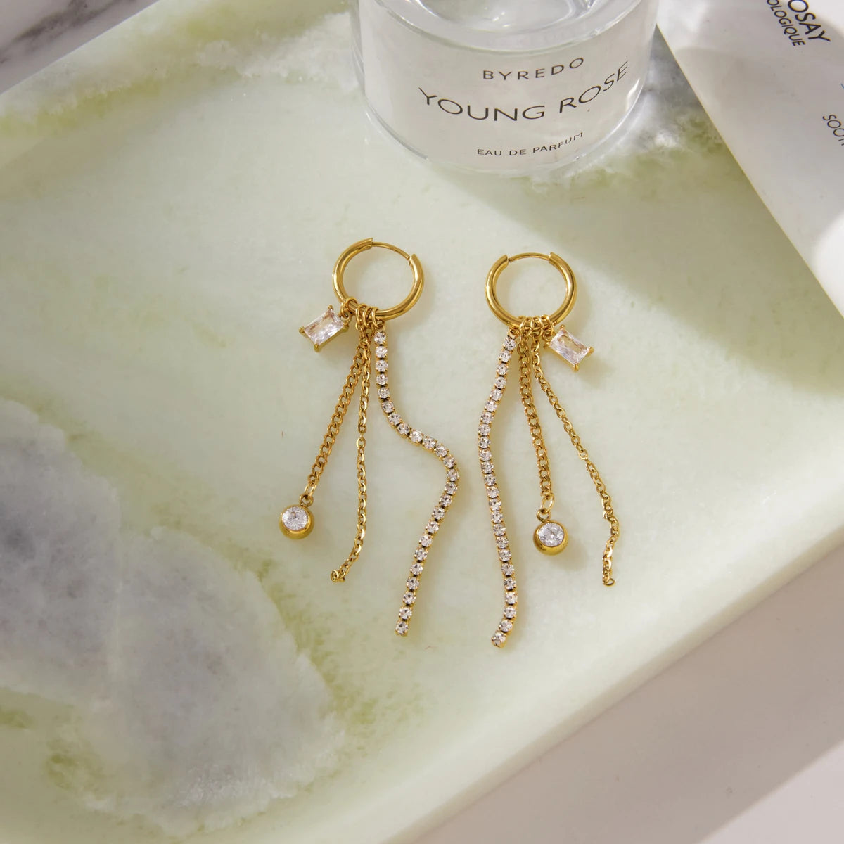 The Callista Geometric Zircon Chain Tassel Earrings by Vexa - Earring - Vexa