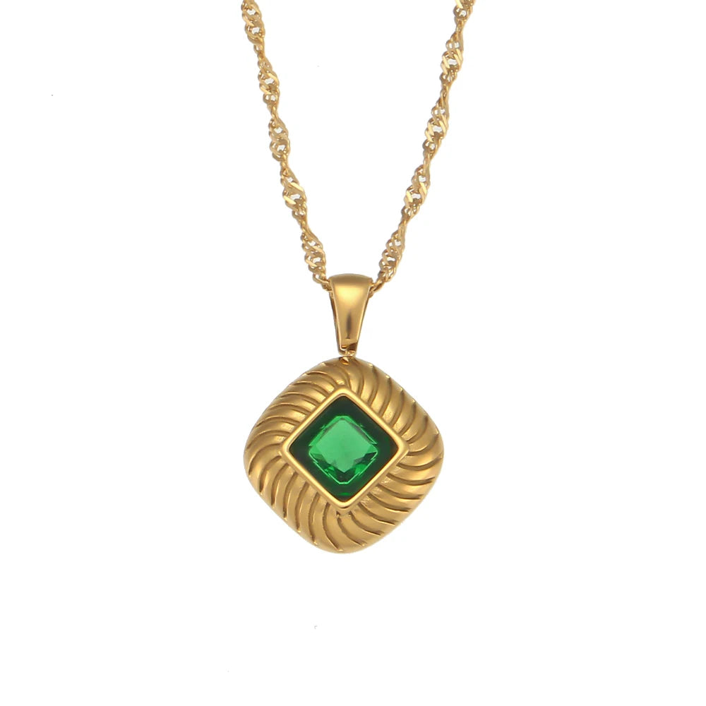 The Sovereign Square Texture Zircon Necklace by Vexa - necklace - Vexa - Green