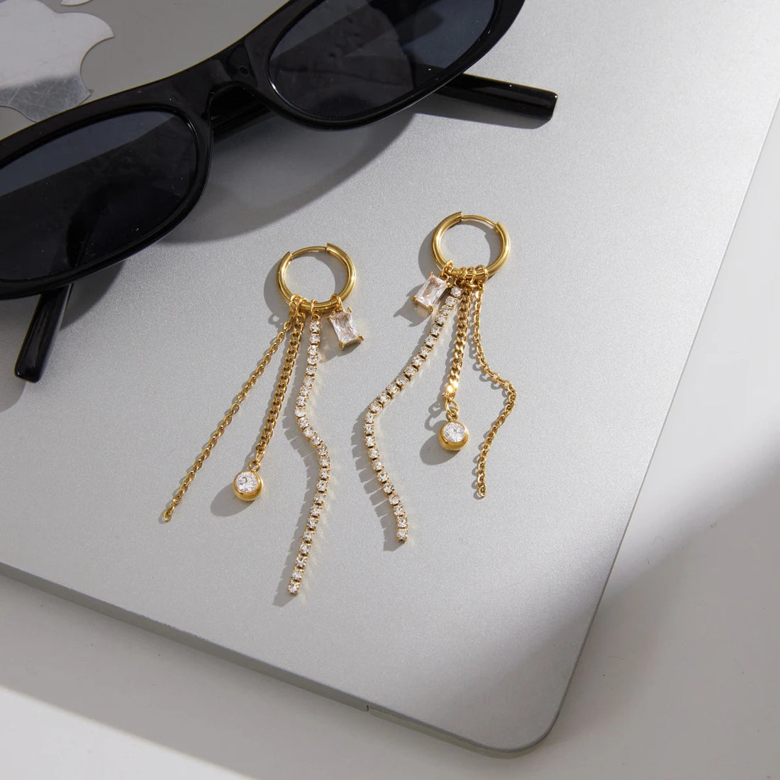 The Callista Geometric Zircon Chain Tassel Earrings by Vexa - Earring - Vexa