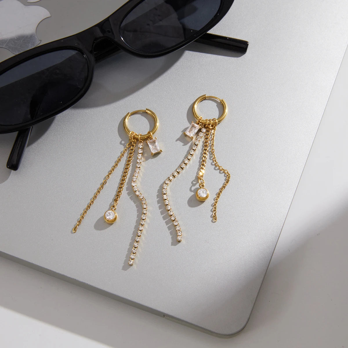 The Callista Geometric Zircon Chain Tassel Earrings by Vexa - Earring - Vexa