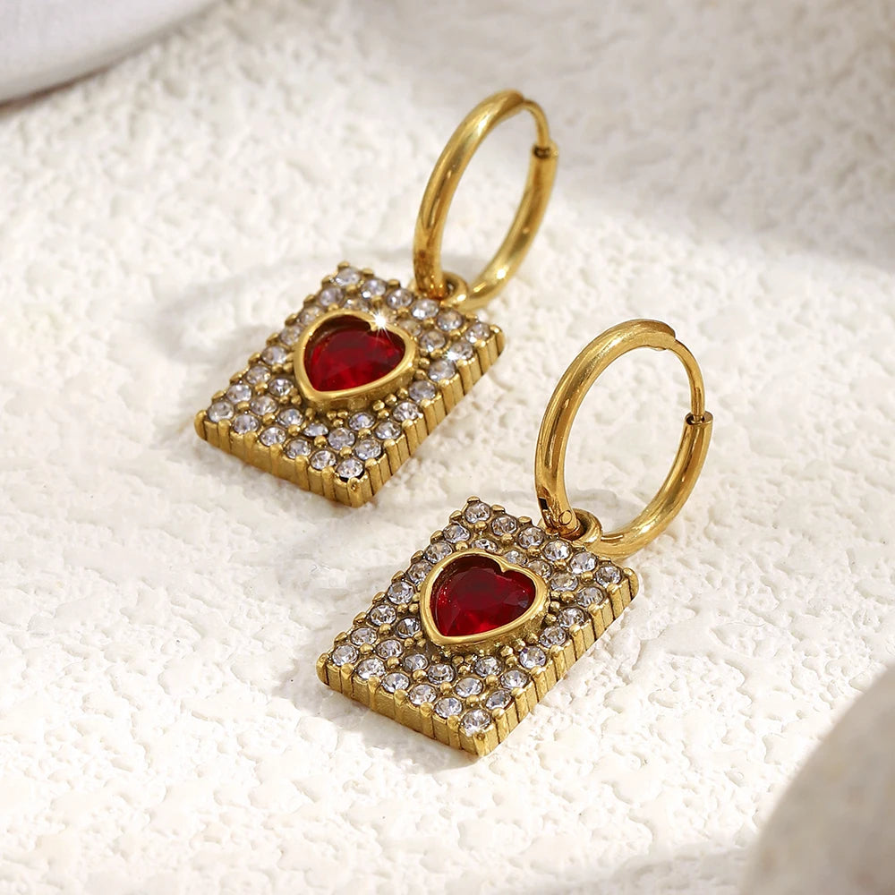 The Valentina Red Heart Zircon Square Earrings by Vexa - Earring - Vexa