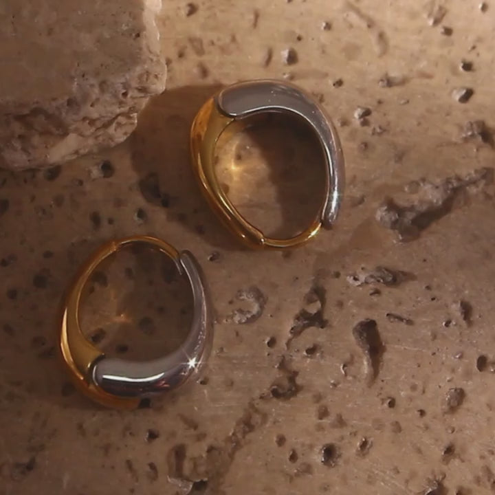 The Equinox Two-Tone Pear Hoop Earrings by Vexa